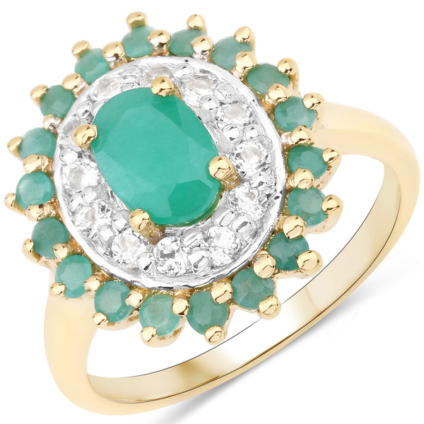 Genuine 14K Yellow Gold Plated Emerald and White Topaz Sterling Silver Halo Ring