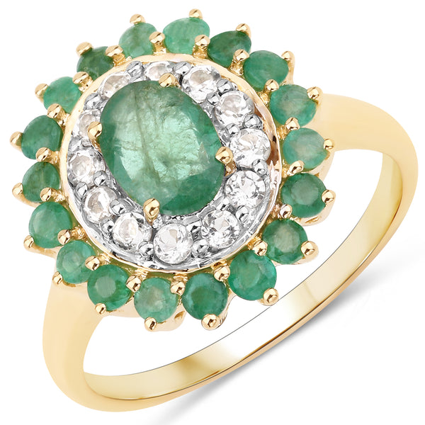 Genuine 14K Yellow Gold Plated Zambian Emerald and White Topaz Sterling Silver Halo Ring