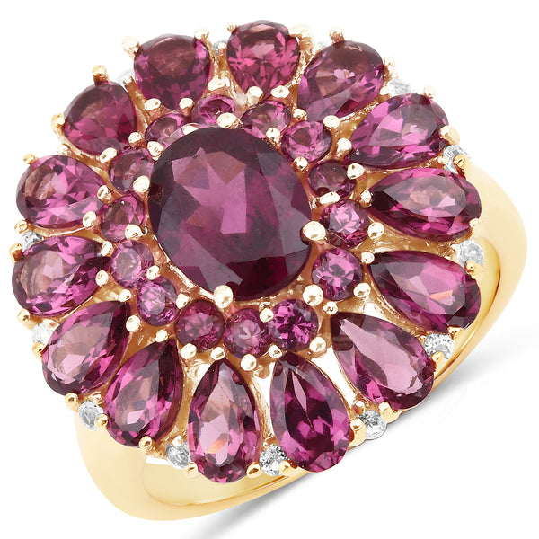 Genuine 14K Yellow Gold Plated Rhodolite and White Topaz Sterling Silver Halo Ring