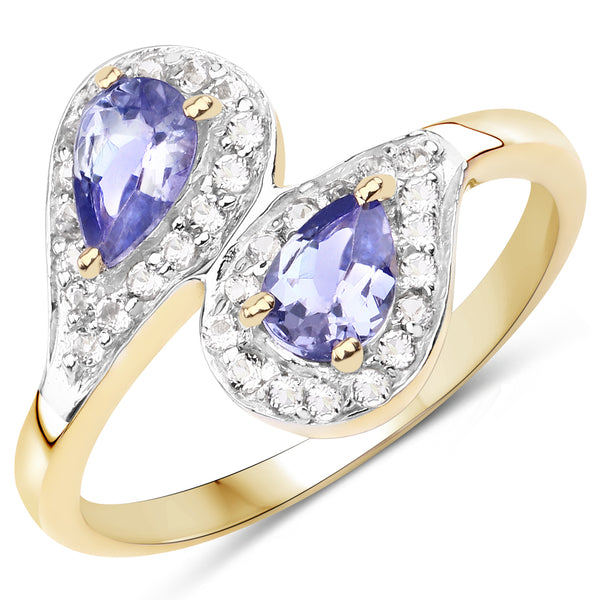 Genuine 14K Yellow Gold Plated Tanzanite and White Topaz Sterling Silver Ring