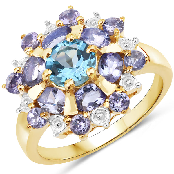 Genuine 14K Yellow Gold Plated Swiss Blue Topaz and Tanzanite Sterling Silver Ring