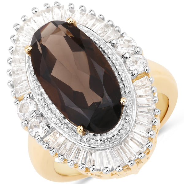 Genuine 14K Yellow Gold Plated Smoky Quartz and White Topaz Sterling Silver Ring