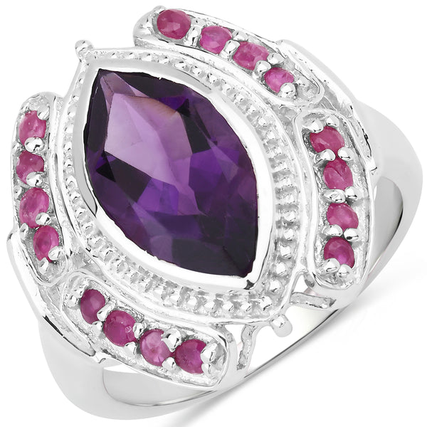 Genuine Amethyst and Ruby Sterling Silver Graduated Ring