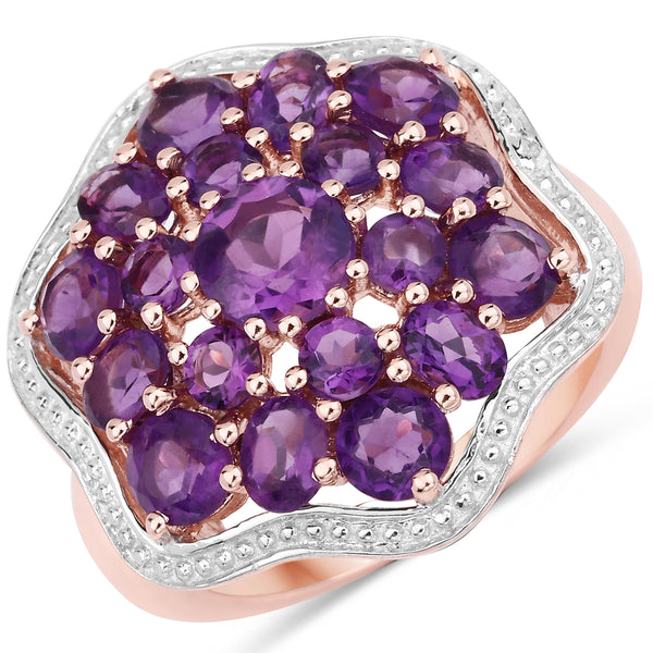 Genuine 14K Rose Gold Plated Amethyst  Sterling Silver Cluster Ring