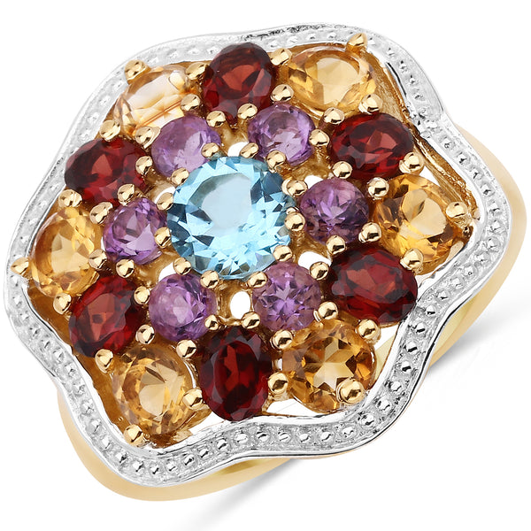 Genuine 14K Yellow Gold Plated Multi Stones Sterling Silver Cluster Ring