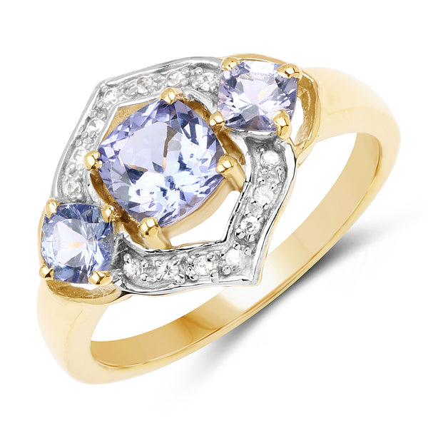 Genuine 14K Yellow Gold Plated Tanzanite and White Topaz Ring Sterlng Silver 3-Stone Ring