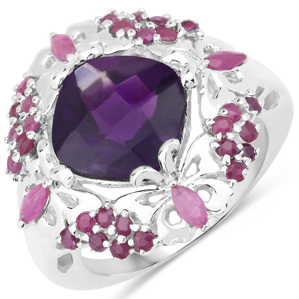 Genuine Amethyst and Ruby Sterling Silver Cocktail Ring