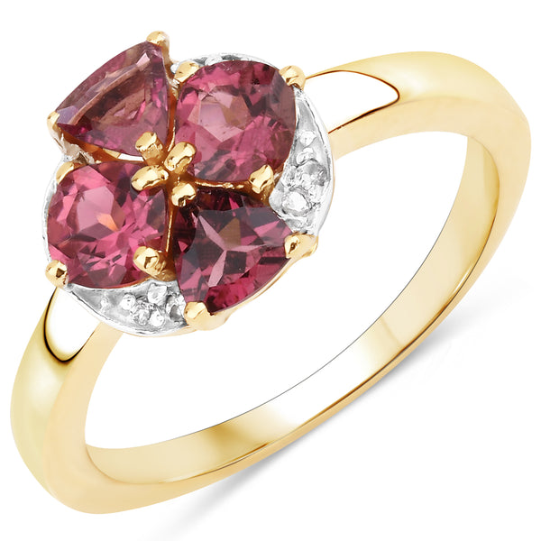 Genuine 14K Yellow Gold Plated Pink Tourmaline and White Topaz Sterling Silver Ring