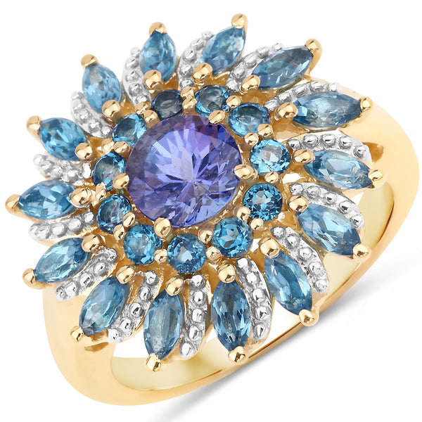 Genuine 14K Yellow Gold Plated Tanzanite and London Blue Topaz Sterling Silver Ring