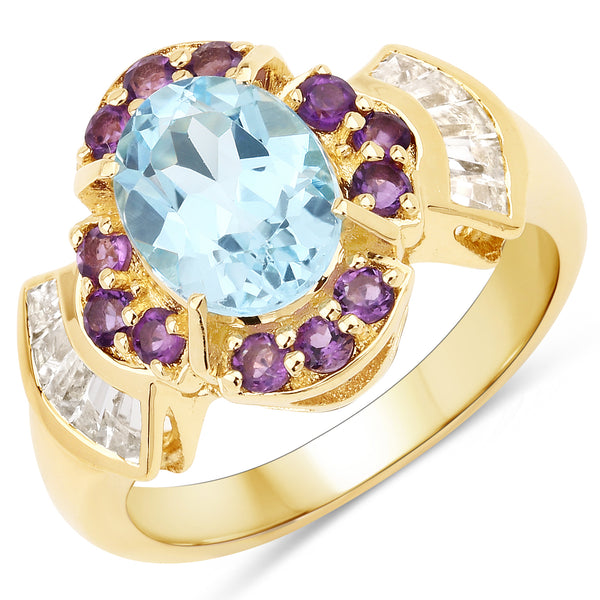 Genuine 14K Yellow Gold Plated Blue Topaz, Amethyst and White Topaz Sterling Silver Ring