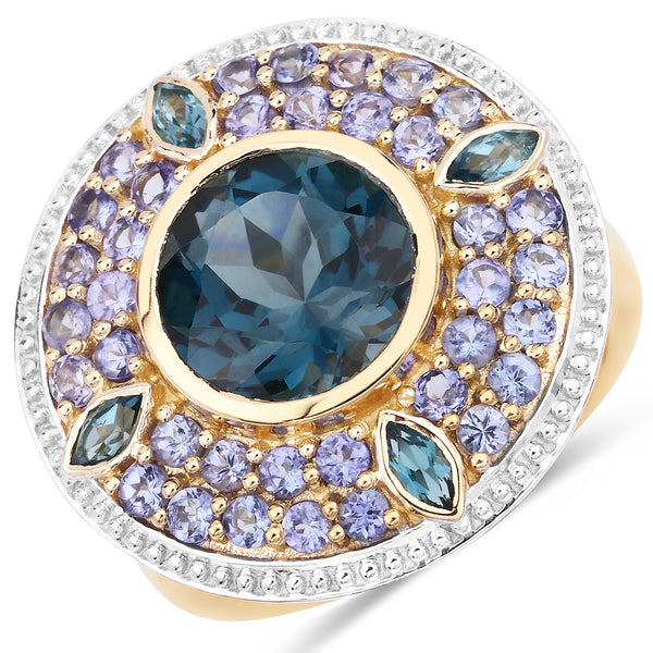 Genuine 14K Yellow Gold Plated London Blue Topaz and Tanzanite Sterling Silver Ring