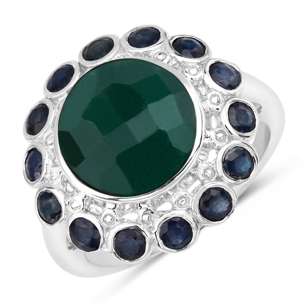 Dyed Emerald and Blue Sapphire Sterling Silver Halo Ring