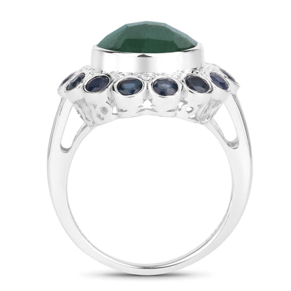 Dyed Emerald and Blue Sapphire Sterling Silver Halo Ring