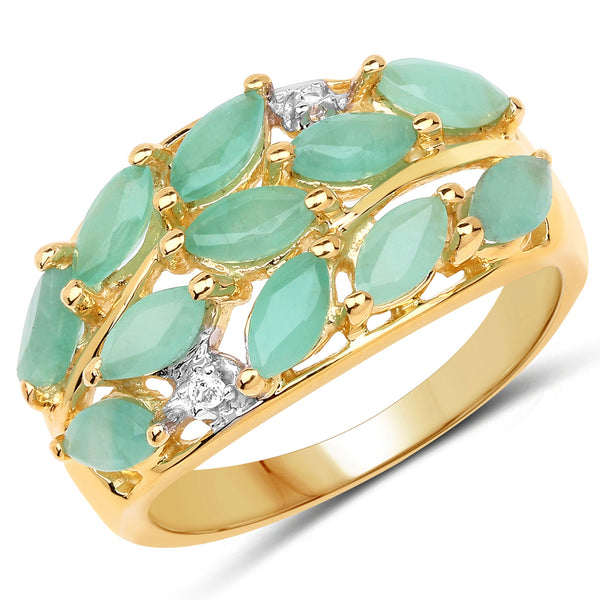 Genuine 14K Yellow Gold Plated Emerald and White Topaz Sterling Silver Ring