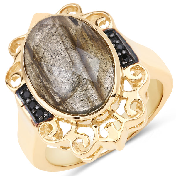 Genuine 14K Yellow Gold Plated Labradorite and Black Spinel Sterling Silver Ring