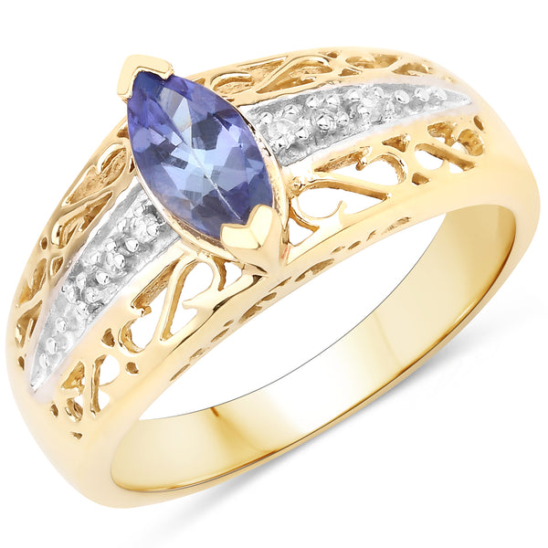 Genuine 14K Yellow Gold Plated Tanzanite and White Topaz Sterling Silver Filigree Ring