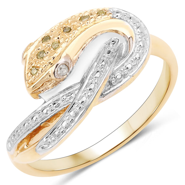 Genuine 14K Yellow Gold Plated Yellow Diamond and White Diamond Sterling Silver Snake Ring