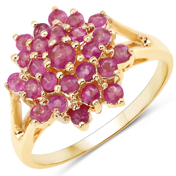 Genuine 14K Yellow Gold Plated Ruby Sterling Silver Cluster Ring