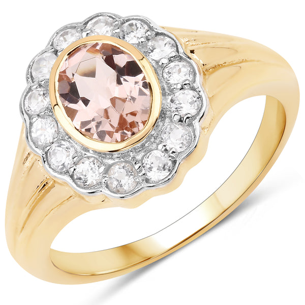 Genuine 14K Yellow Gold Plated Morganite and White Zircon Sterling Silver Halo Ring