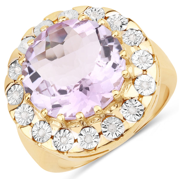 Genuine 14K Yellow Gold Plated Amethyst and White Diamond Sterling Silver Ring