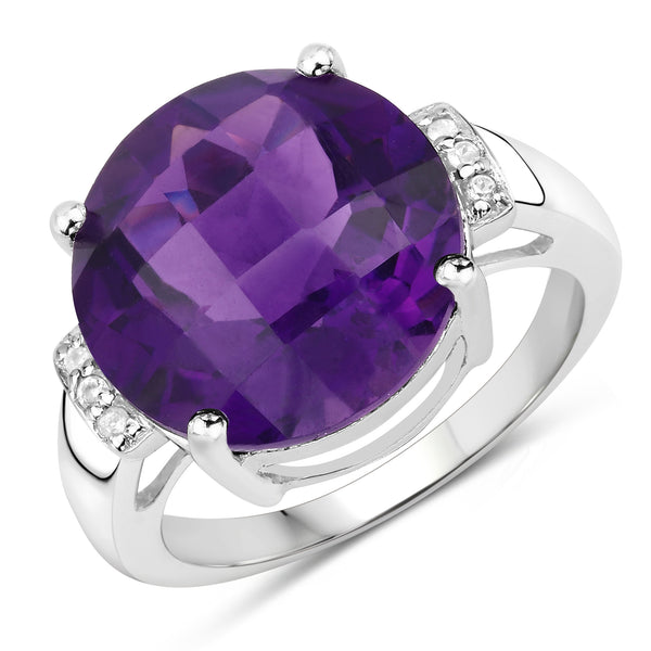 Genuine Amethyst and White Topaz  Sterling Silver Solitaire Ring