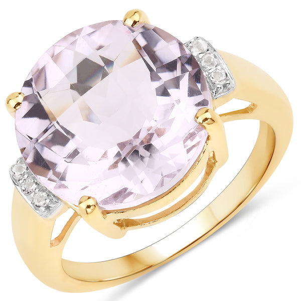 Genuine 14K Yellow Gold Plated Pink Amethyst and White Topaz Sterling Silver Solitaire Ring