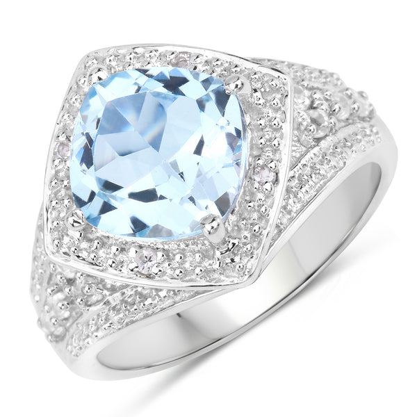 Genuine 14K White Gold Plated Blue Topaz and White Diamond Sterling Silver Ring