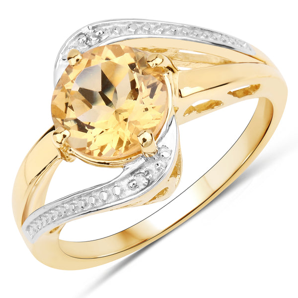 Genuine 14K Yellow Gold Plated Citrine and White Diamond Sterling Silver Bypass Ring