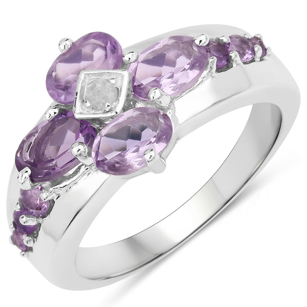 Genuine 14K White Gold Plated Amethyst and White Diamond Sterling Silver Floral Ring