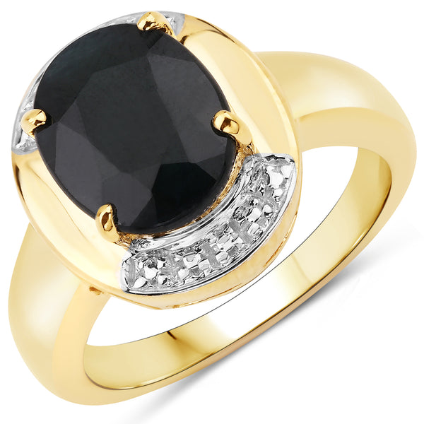 Genuine 14K Yellow Gold Plated Black Sapphire Sterling Silver Solitaire Ring