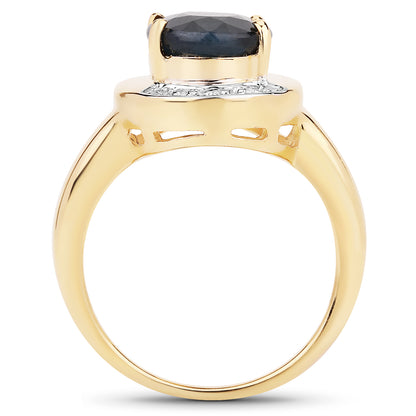 Genuine 14K Yellow Gold Plated Black Sapphire Sterling Silver Solitaire Ring