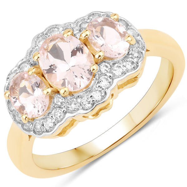 Genuine 14K Yellow Gold Plated Morganite and White Topaz Sterling Silver 3-Stone Ring