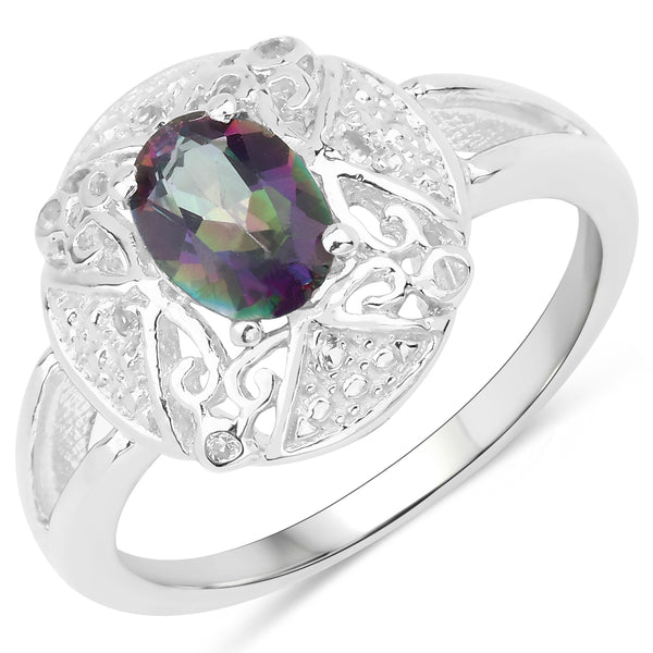 Genuine 14K White Gold Plated Rainbow Topaz and White Diamond Sterling Silver Filigree Ring