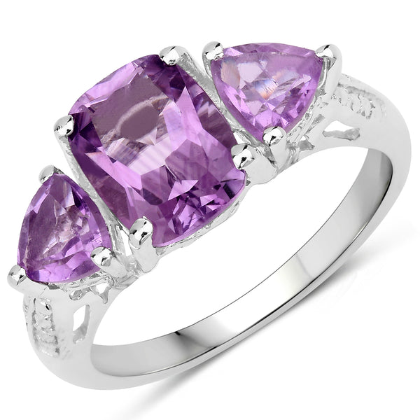 Genuine 14K White Gold Plated Amethyst and White Diamond Sterling Silver 3-Stone Ring