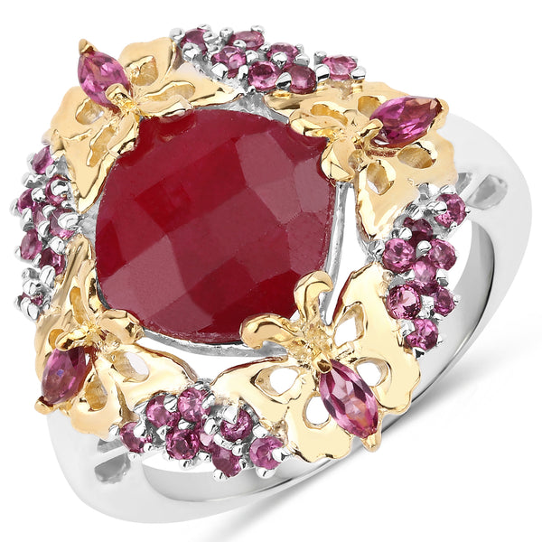 Dyed Ruby Rhodolite and White Diamond Sterling Silver Ring