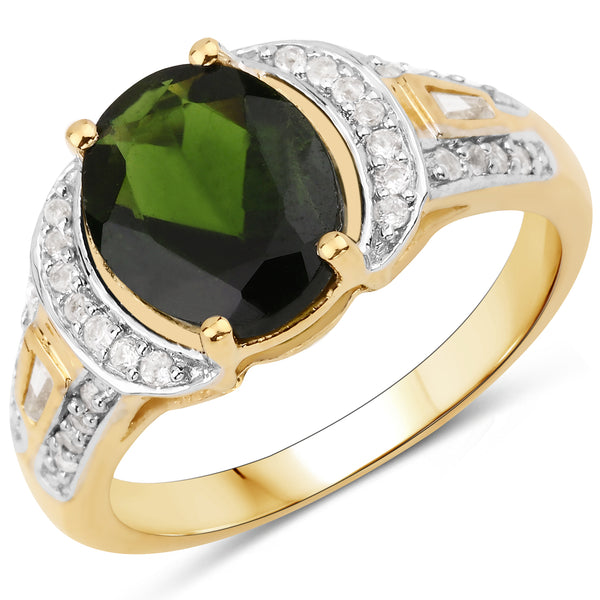 Genuine 14K Yellow Gold Plated Chrome Diopside and White Topaz Sterling Silver Bridge Ring