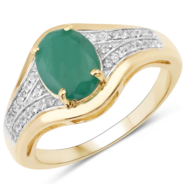 Genuine 14K Yellow Gold Plated Emerald and White Topaz Sterling Silver Bridge Ring