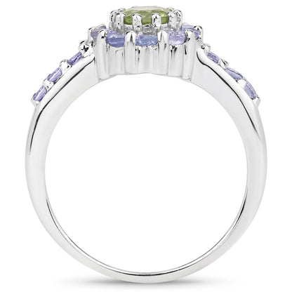 Genuine Peridot and Tanzanite Sterling Silver Halo Ring