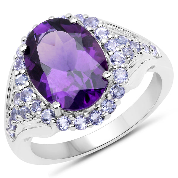 Genuine Amethyst and Tanzanite Sterling Silver Halo Ring