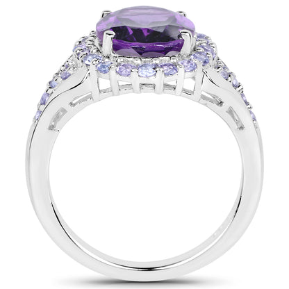 Genuine Amethyst and Tanzanite Sterling Silver Halo Ring