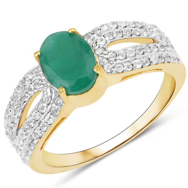 Genuine 14K Yellow Gold Plated Emerald and White Topaz Sterling Silver Bridge Ring